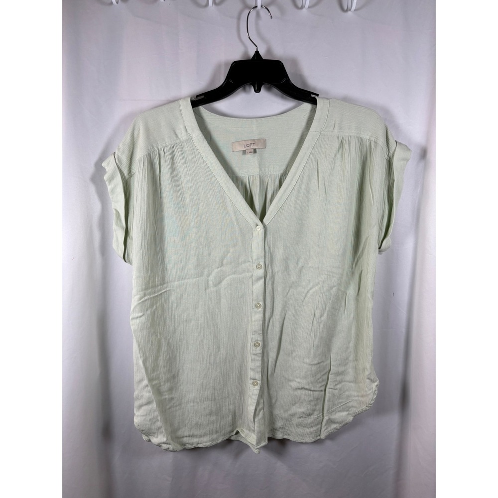 LOFT Womens Mint Green Rayon Linen Blend V-Neck Short Sleeve Button Down Top L